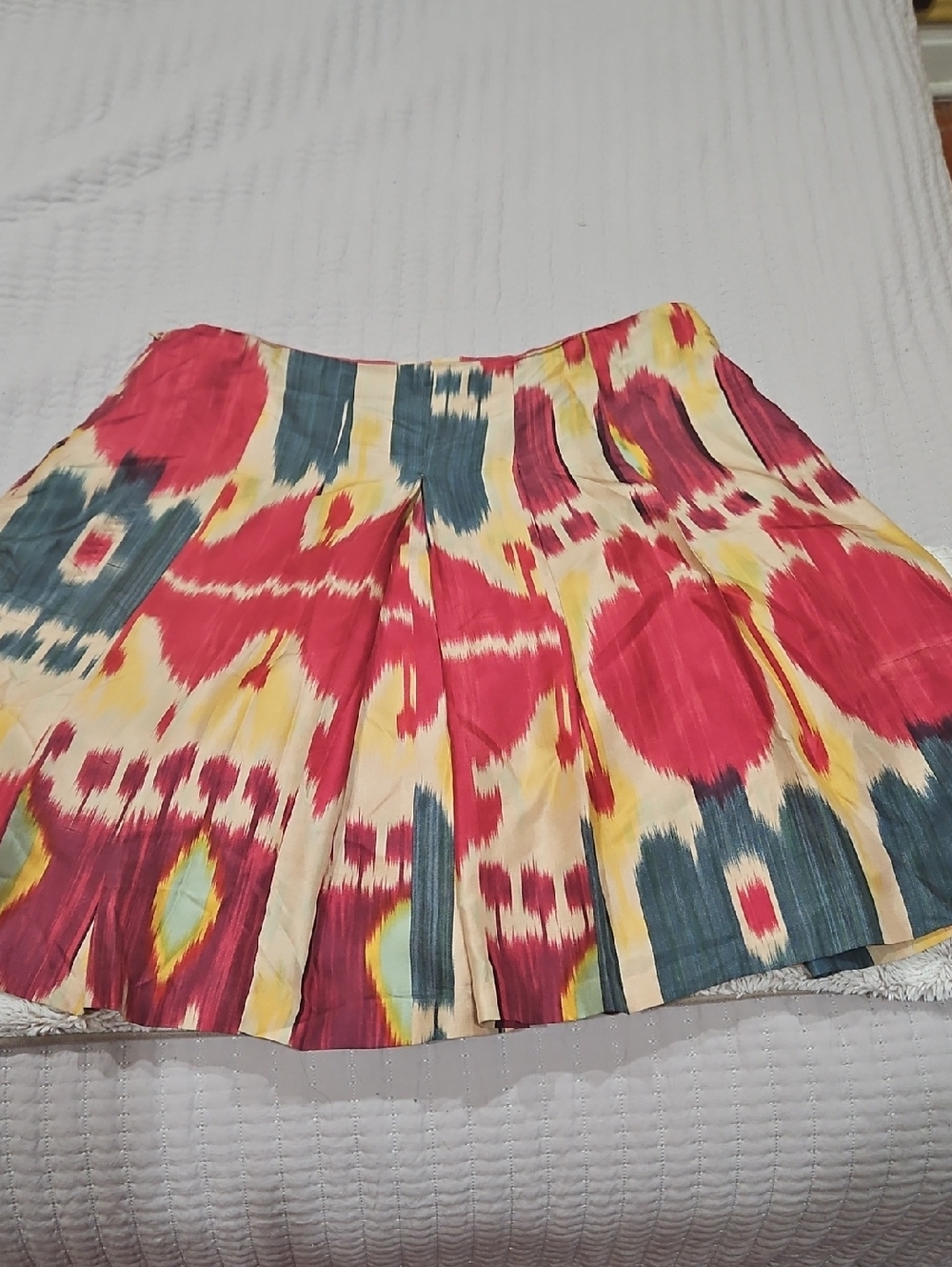 Ralph Lauren Multicolor Ikat Pleated Skirt with Red, Yellow & Teal